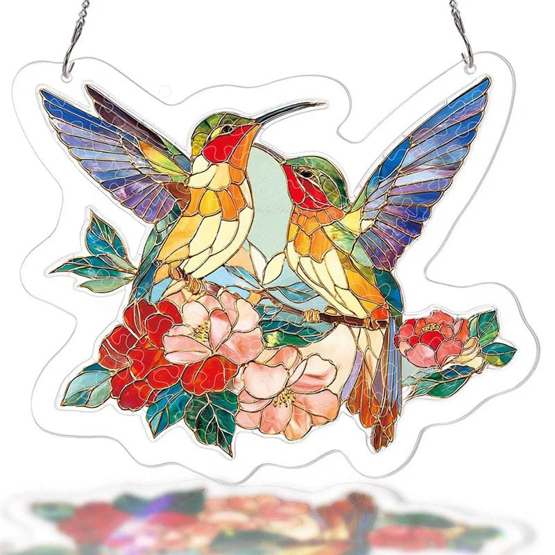Two Birds of Spring Acrylic Suncatcher – Romantic Floral Bird Window Hanging Decor