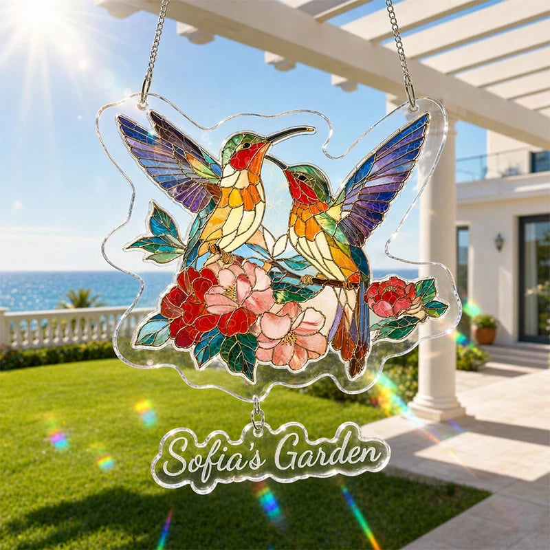 Two Birds of Spring Acrylic Suncatcher – Romantic Floral Bird Window Hanging Decor