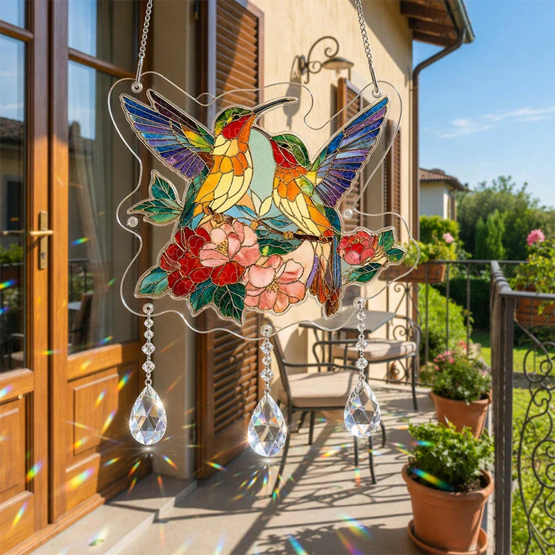 Two Birds of Spring Acrylic Suncatcher – Romantic Floral Bird Window Hanging Decor