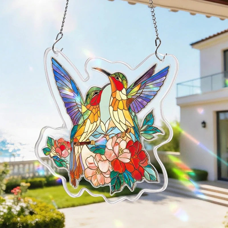 Two Birds of Spring Acrylic Suncatcher – Romantic Floral Bird Window Hanging Decor